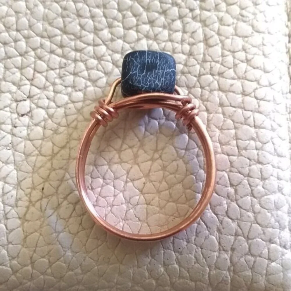 Size 7 - Frosted Black Dragonvein Cube + Copper Wire Ring! Goth Punk Grunge Rock